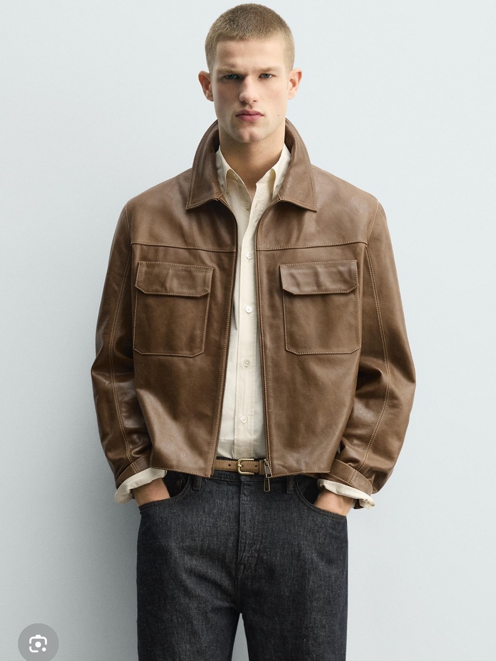 Zara Brown Leather Bomber Jacket